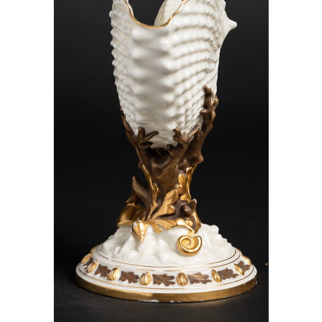 A fanciful antique porcelain vase from Royal Worcester, modeled as a large ribbed nautilus shell perched atop a gilt...