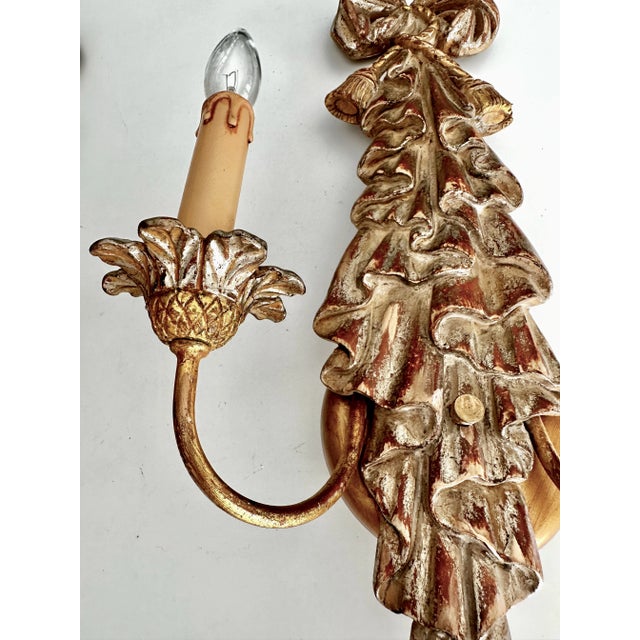 Wood Pair Italian Neo Classic Carved Ribbon Draped Wall Sconces For Sale - Image 7 of 12