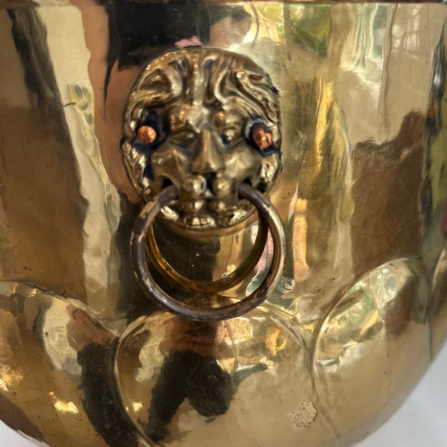 Vintage English Hand-Hammered Brass Lion Head Cachepot Jardinière For Sale - Image 11 of 12
