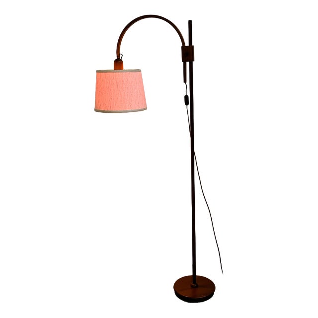 Mid-Century Modern Adjustable Teak Arc Floor Lamp with Fabric Shade, 1960s For Sale