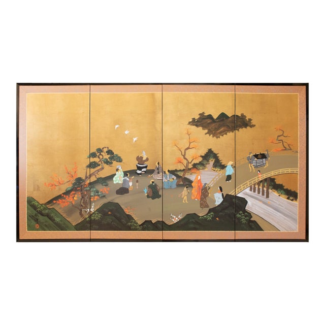 1960s Shōwa Era Japanese Byobu Screen "Autumn Festival Scene by the Bridge" For Sale