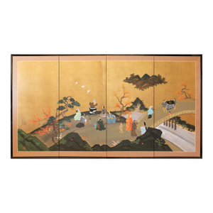 1960s Shōwa Era Japanese Byobu Screen "Autumn Festival Scene by the Bridge"