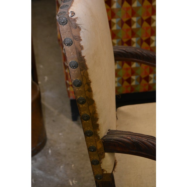 Chestnut Antique Carved Wood Arm / Throne Chair Straw / Hair Stuffed W/ Metal Rivets For Sale - Image 8 of 17