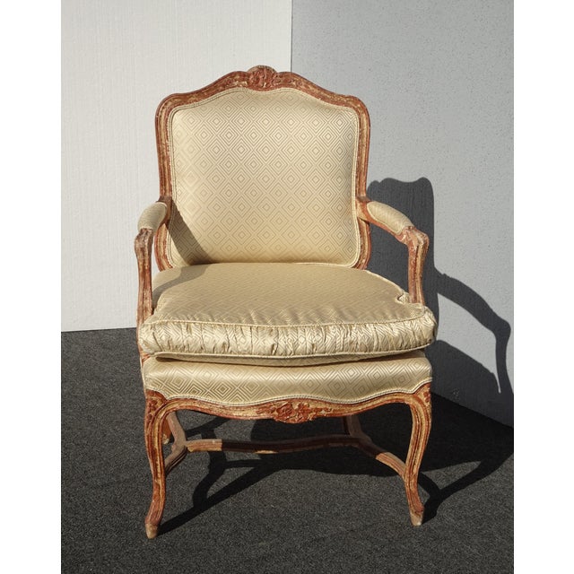 French Provincial Vintage French Provincial Silk Bergere Chair W Red & Gold Crackle Finish For Sale - Image 3 of 12