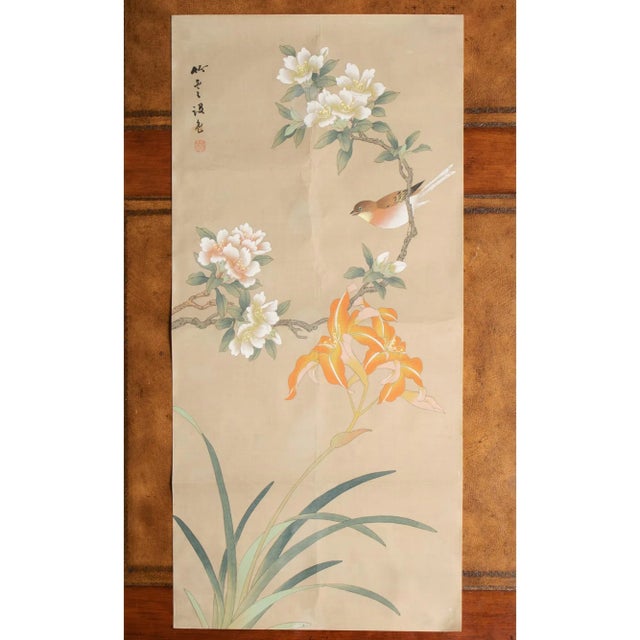 Post-1940 Showa Japanese Silk Scroll "Rosefinch and Camellias" For Sale - Image 11 of 12