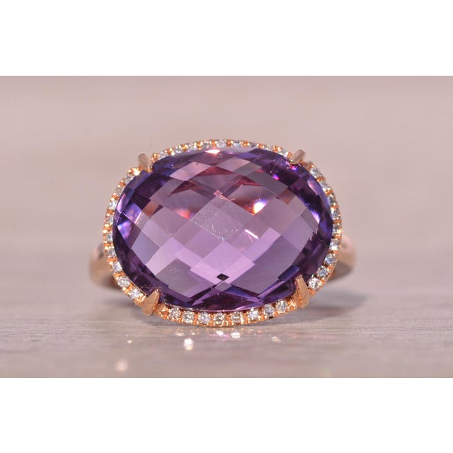 The Nelle: Checkerboard Cut Natural Amethyst and Diamond Halo Ring in Rose Gold For Sale - Image 4 of 11