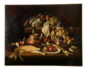 17th Century Antique Large Dutch Still Life With Fruit and Game Oil on Canvas Painting
