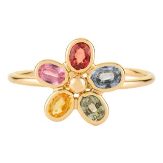 Whimsical 14k Yellow Gold Multi Sapphire Floral Ring Size 5 For Sale