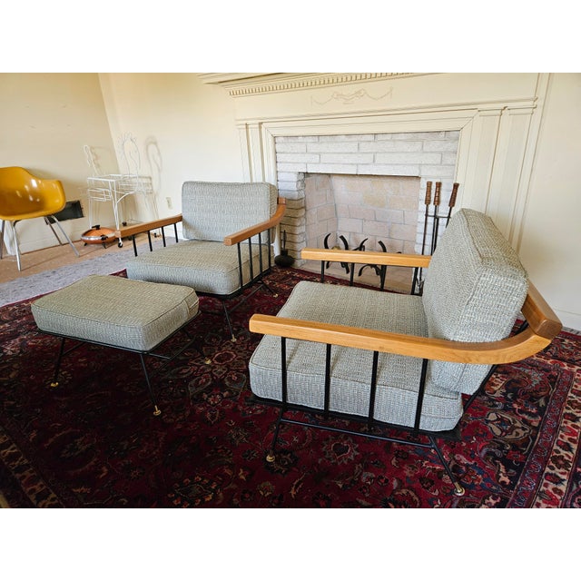 1950s MCM Attributed to Richard McCarthy by Selrite Wrought Iron Chair Set With Matching Ottoman For Sale - Image 6 of 12