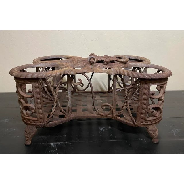 Antique French Country Cast Iron & Wrought Iron Wine Bottle Holder Footed Display Stand with top handle. The handle...