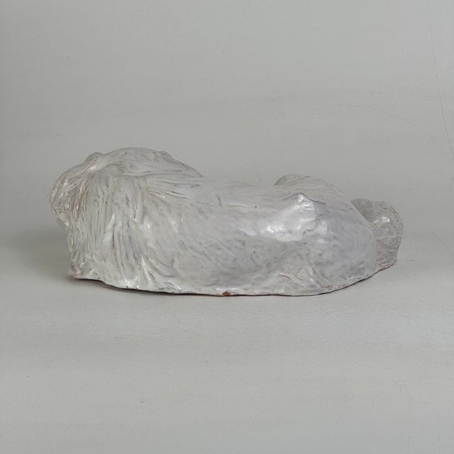 Vintage French White Tin Glaze Terracotta Pekinese Dog Sculpture With Glass Eyes For Sale In New York - Image 6 of 9