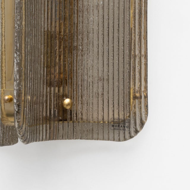 Metal Curved Grey Ribbed Murano Glass and Brass Wall Sconces, 2000, Set of 2 For Sale - Image 7 of 9
