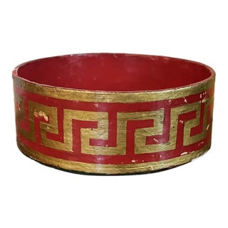 Antique Early 19th Century English Regency Red Lacquer Wine Bottle Decanter Coaster With Gilt Greek Key Design For Sale