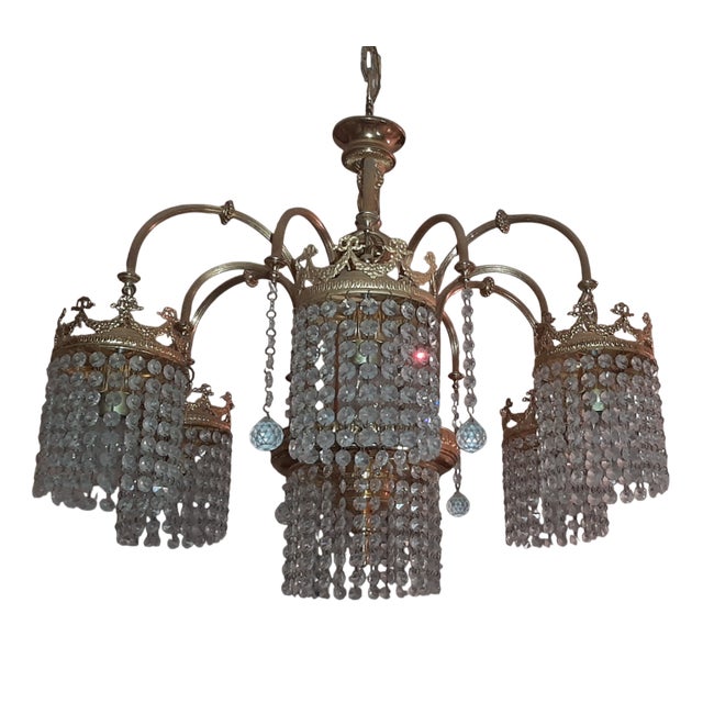 Empire Chandelier with Gold Plated and Crystal Drops, 1970s For Sale