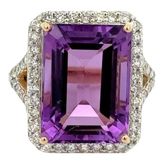 VRJewels 13.33ct Amethyst Large Center Stone Ring Size 7 With 1.13ct Diamonds in 14k Gold For Sale