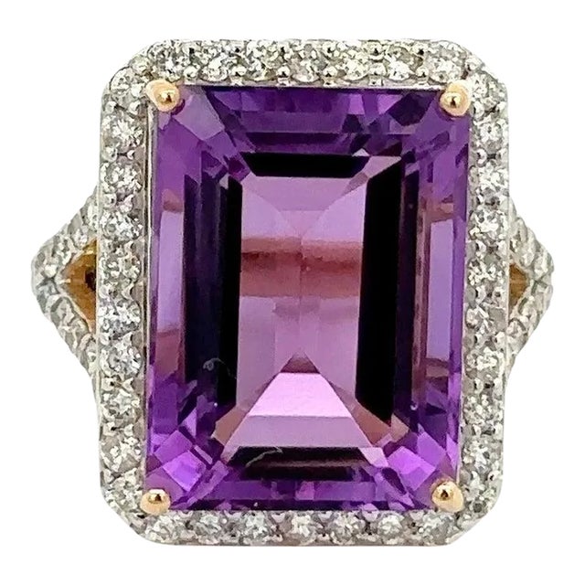 VRJewels 13.33ct Amethyst Large Center Stone Ring Size 7 With 1.13ct Diamonds in 14k Gold For Sale