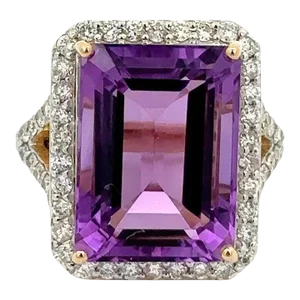 VRJewels 13.33ct Amethyst Large Center Stone Ring Size 7 With 1.13ct Diamonds in 14k Gold