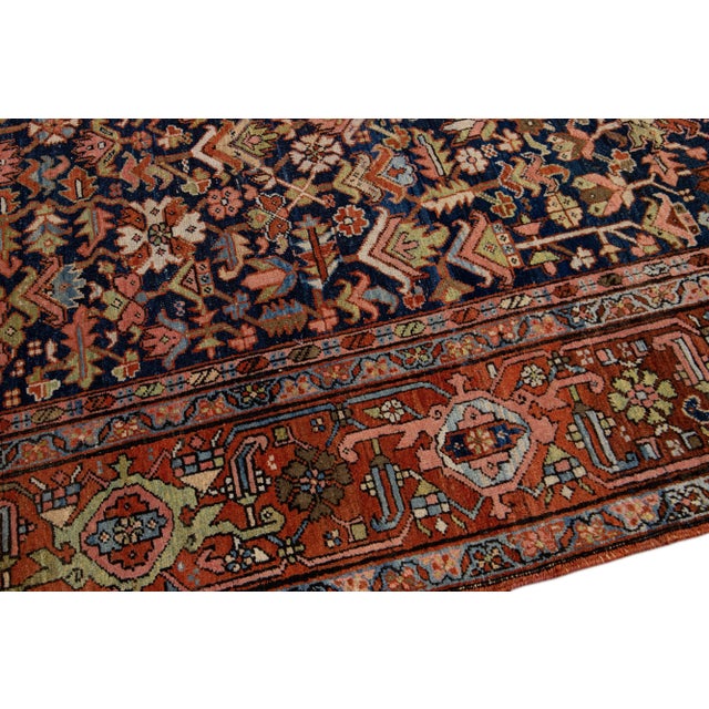 Textile Blue Antique Persian Serapi Handmade Wool Rug With Allover Floral Pattern For Sale - Image 7 of 12