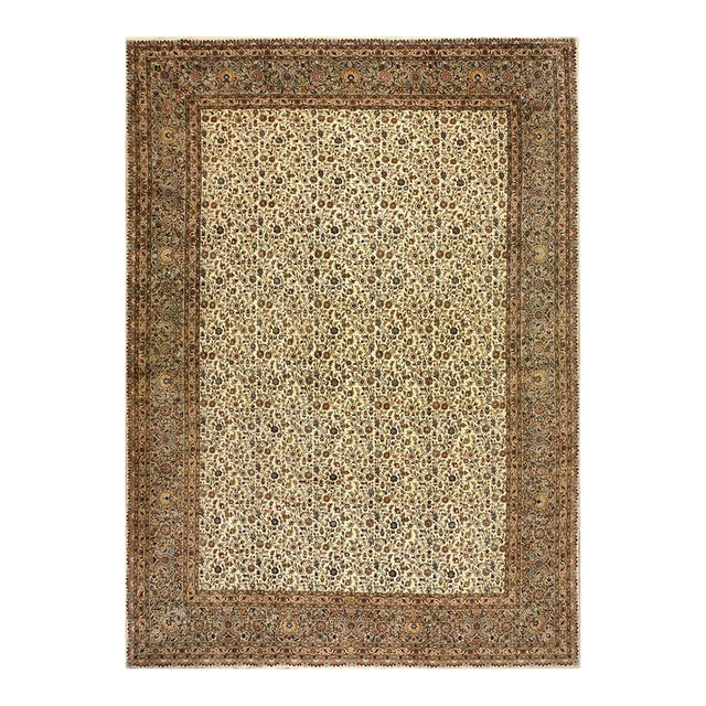 Mid Century Modern Beige Fine Floral Large Scale Antique Tabriz Knotted Wool Rug For Sale
