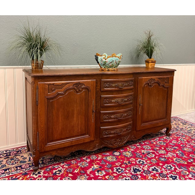 Antique French Louis XV Bow Front Buffet Sideboard Server Carved Oak C. 1930s For Sale - Image 15 of 18