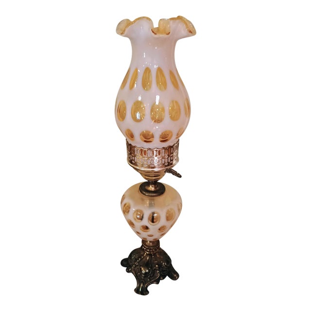 Vintage Fenton Honeysuckle Topez Opalescent Coin Dot Hurricane Parlor Lamp For Sale