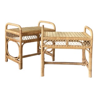 Coastal Boho Wicker Benches-Pair For Sale