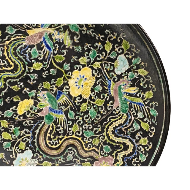 Vintage Chinese Black Base Mixed Color Phoenix Graphic Porcelain Plate Display For Sale - Image 4 of 9