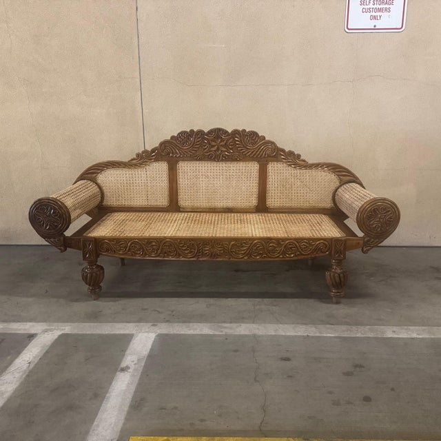 British Colonial Cane Settee With Hand-Carved Teak Wood Details For Sale - Image 13 of 13