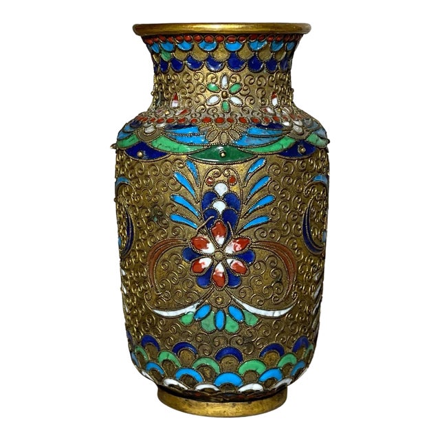 Antique 19th Century Handmade Japanese Champleve Enameled Bronze Vase Cloisonné For Sale