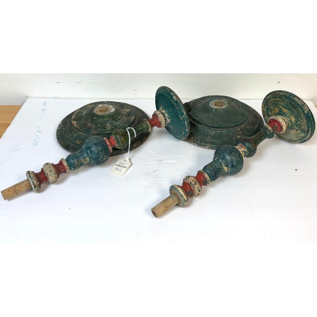 Pair Tuscan Polychrome Wooden Altar Candlesticks, Worn Patina, 18th / 19th C. For Sale In Greensboro - Image 6 of 17