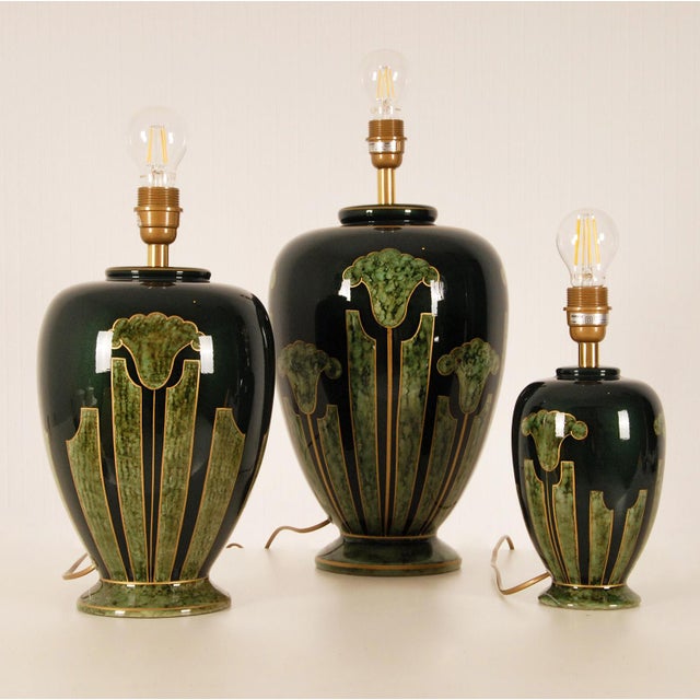 Vintage French Table Lamps Green Faux Marble Porcelain Vase Lamps Ceramic - Set of 3 For Sale - Image 6 of 13