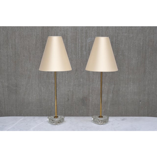 Cream Swedish Modern EAE Table Lamps, Brass, Glass and Pierre Frey Silk, 1950s, Set of 2 For Sale - Image 8 of 11