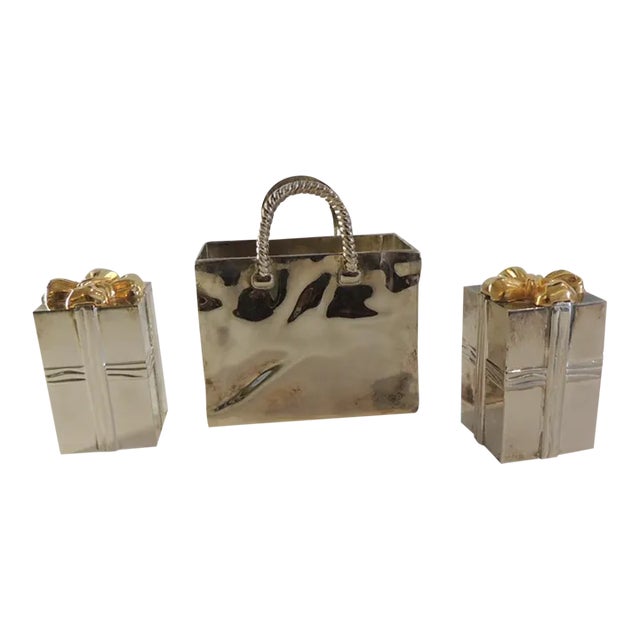 Vintage Silver Plated Shopping Bag and Gifts Salt & Pepper Shakers - Set of 2 For Sale