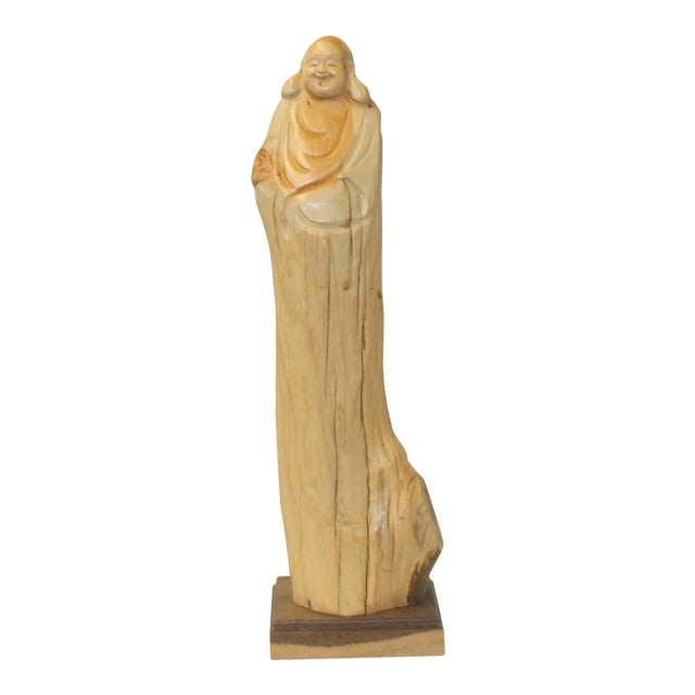 Chinese Cypress Wood Carved Irregular Shape Happy Buddha Statue For Sale