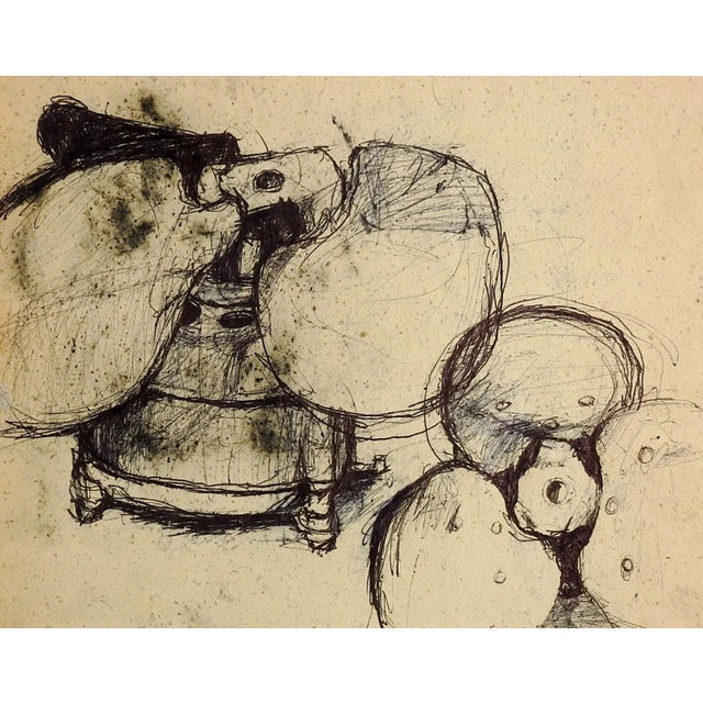 Abstract ink drawing on handmade paper by Preot Buxton. Unsigned, from the familys estate. Unframed.