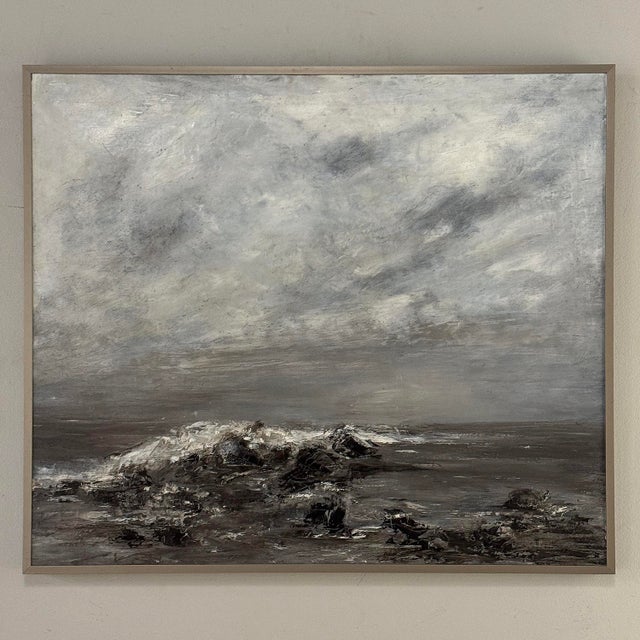 Mid Century Oil on Canvas by Francine Kerckx (1921-?) 'Stormy Seascape With Rocky Coast' For Sale In Dallas - Image 6 of 17