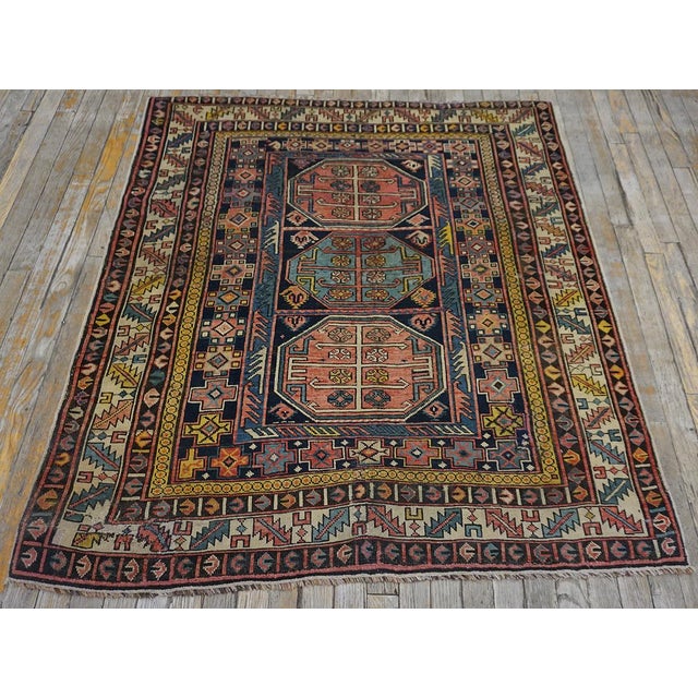 1930s Blue Geometric Tribal Antique Caucasian Shirvan Carpet 4' X 4'6'' Knotted Wool Rug For Sale - Image 9 of 11