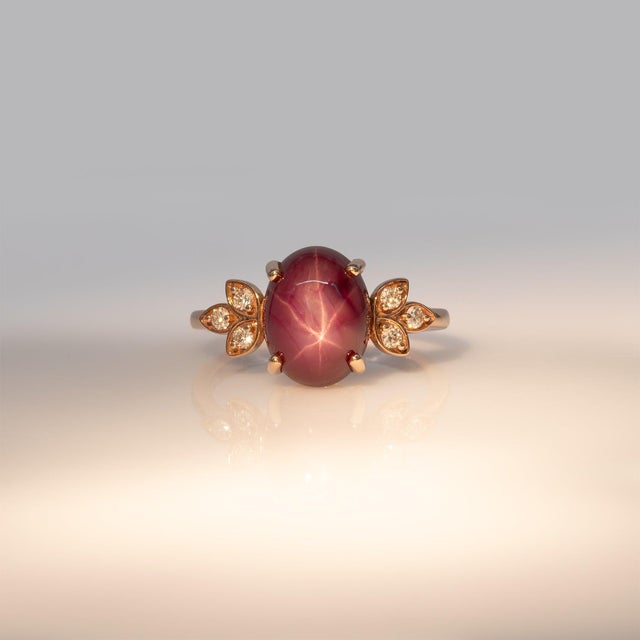 2020s 6Ct Star Ruby Cabochon Ring With Diamond Accents: Solid 14k Gold, Size 6.75 For Sale - Image 5 of 10