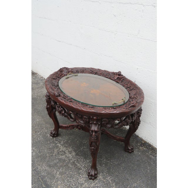 Early Victorian Heavy Hand Carved Cherub Inlay Coffee Table With Glass Tray For Sale In Miami - Image 6 of 13