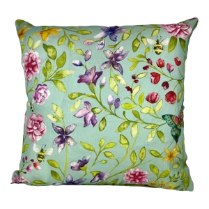 20" Square Decorative Throw Pillow With a Playful Purple and Pink Floral Pattern Dotted With Buzzing Bees and Butterflies - Made in the U K