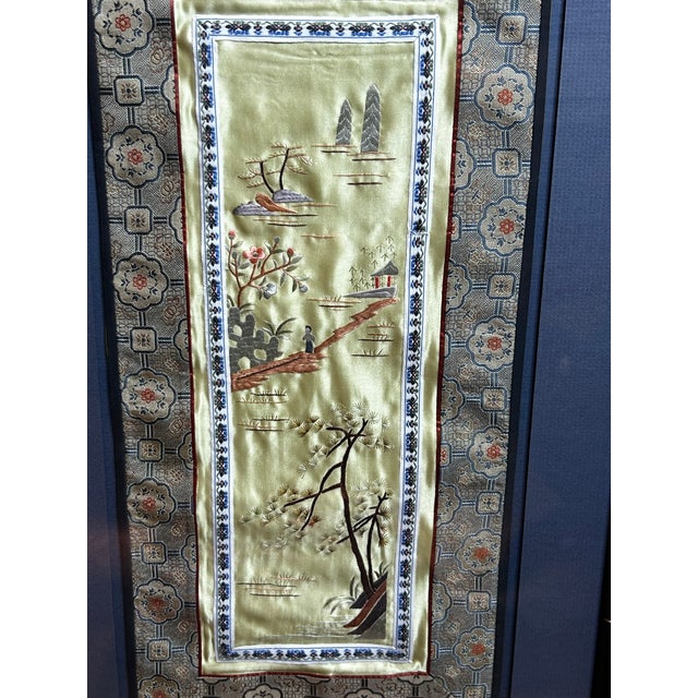 1980s Late 20th Century Chinese Silk Embroidery Panel Framed in Faux Bamboo - School of Tientsin Design L For Sale - Image 5 of 17