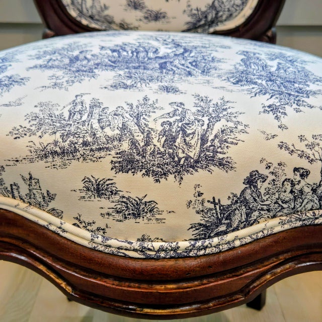 Vintage French Country Carved Walnut Toile De Jouy Upholstered Accent Chair For Sale - Image 10 of 12