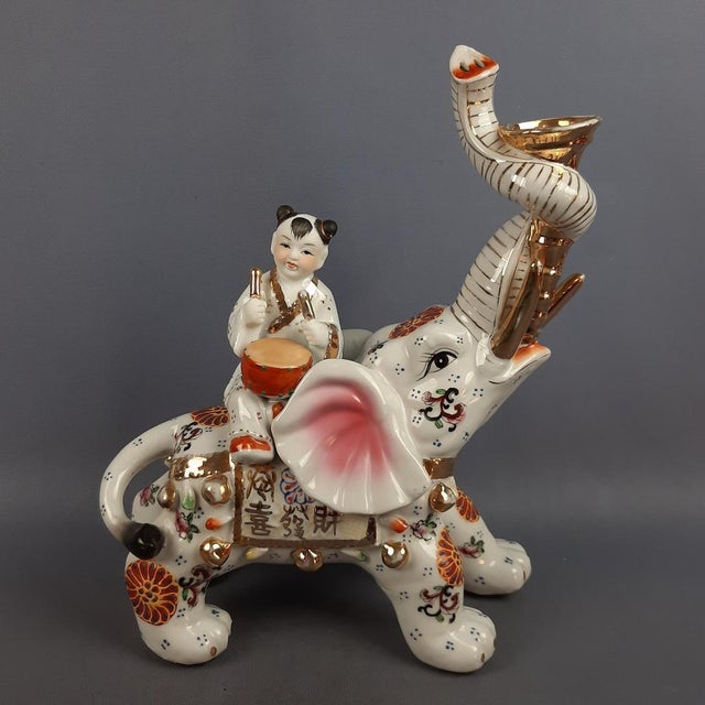 Vintage Porcelain Sculpture of Elephant with Drummer, 1970s For Sale - Image 9 of 18