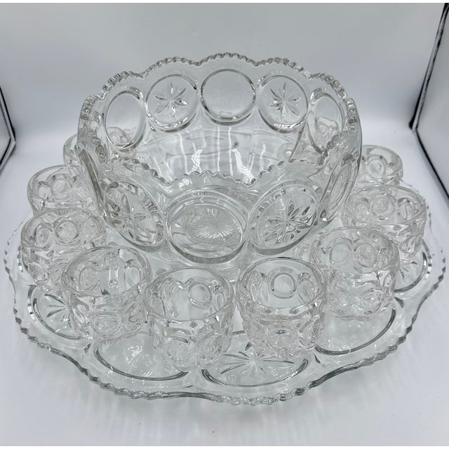 1960s Tiffin-Franciscan l.e Smith Moon & Stars Punch Bowl, Large Under Plate & 10 Cups For Sale - Image 4 of 11