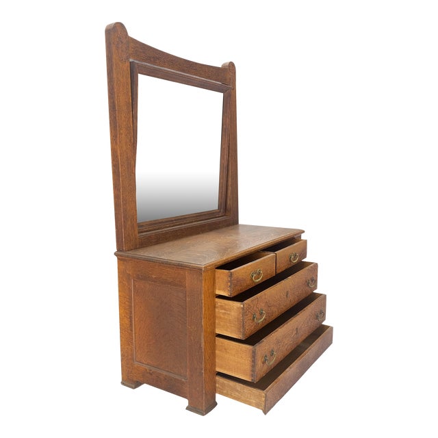 Massive Solid Oak Arts & Crafts 4 Drawers Dresser with Swivel Mirror For Sale