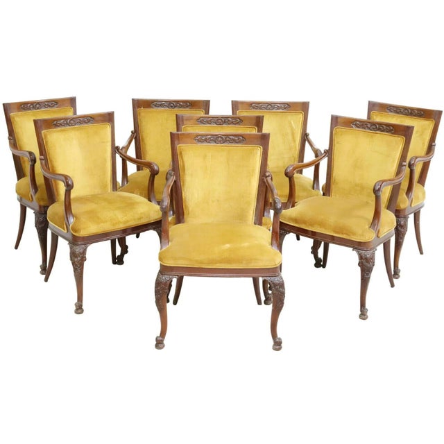 Late 20th Century Vintage Continental Carved Mahogany Yellow Velvet Armchairs, Set of 8 For Sale In Dallas - Image 6 of 15