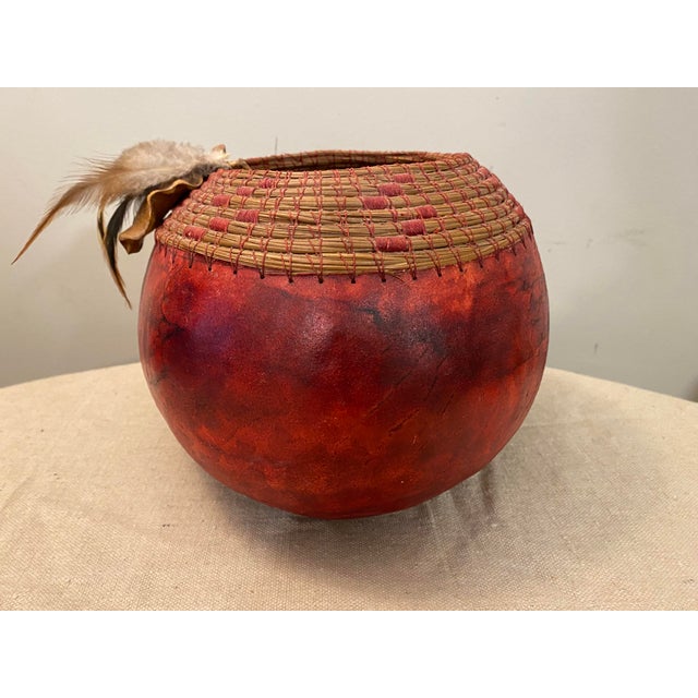 Handmade Native American Style Red Gourd Bowl Embellished For Sale - Image 4 of 6