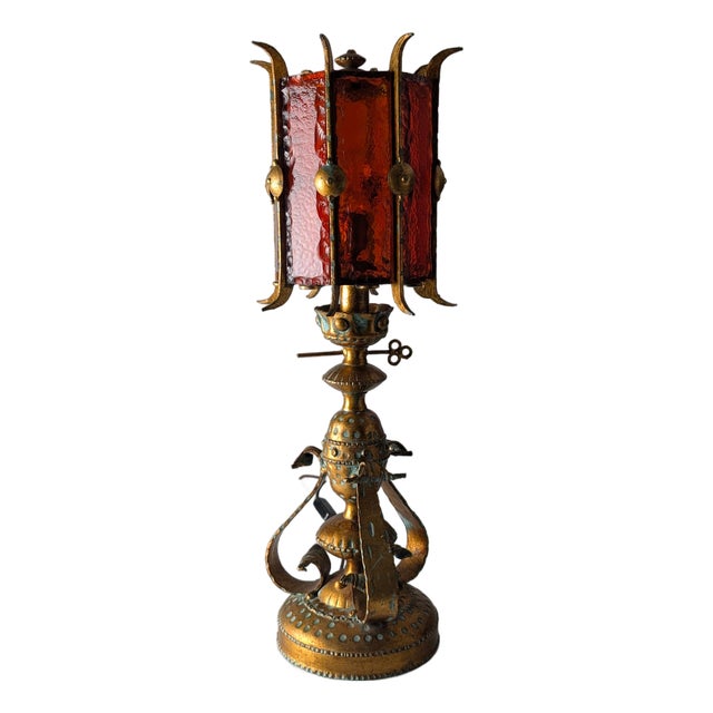 Large Longobard Table Lamp in Gold Metal and Red Glass, 1970s For Sale
