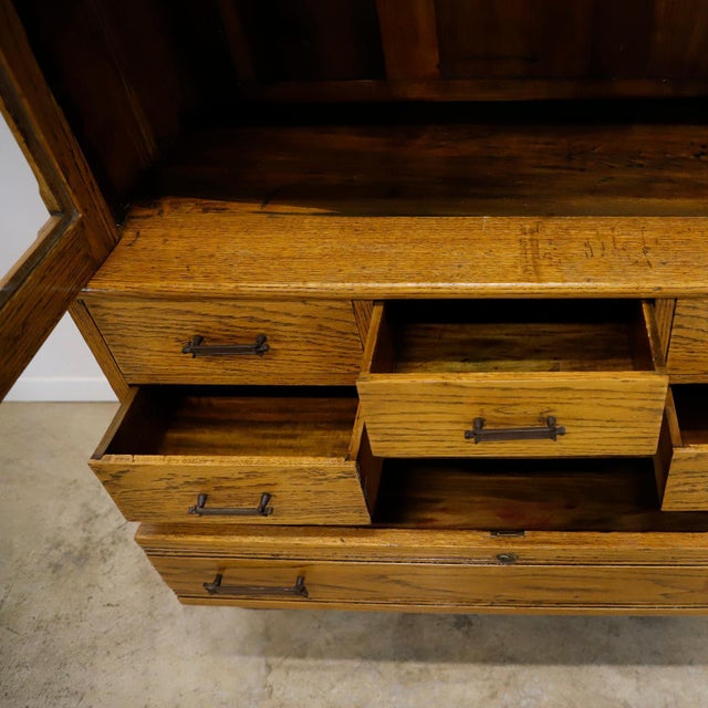 1940s Industrial Solid Oak Library Bookcase with Drawers For Sale - Image 4 of 18