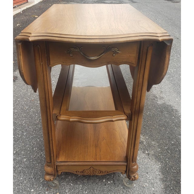 French Provincial Mid-Century French Provincial Oak Drop-Leaf Three Tier Rolling Bar Cart For Sale - Image 3 of 8